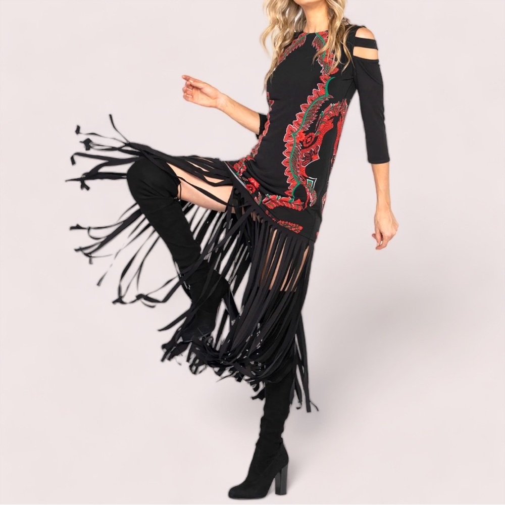 Eva Varro Fringe Black Skirt XS Tight Fitted Mini Skirt Long Tassels Maxi
